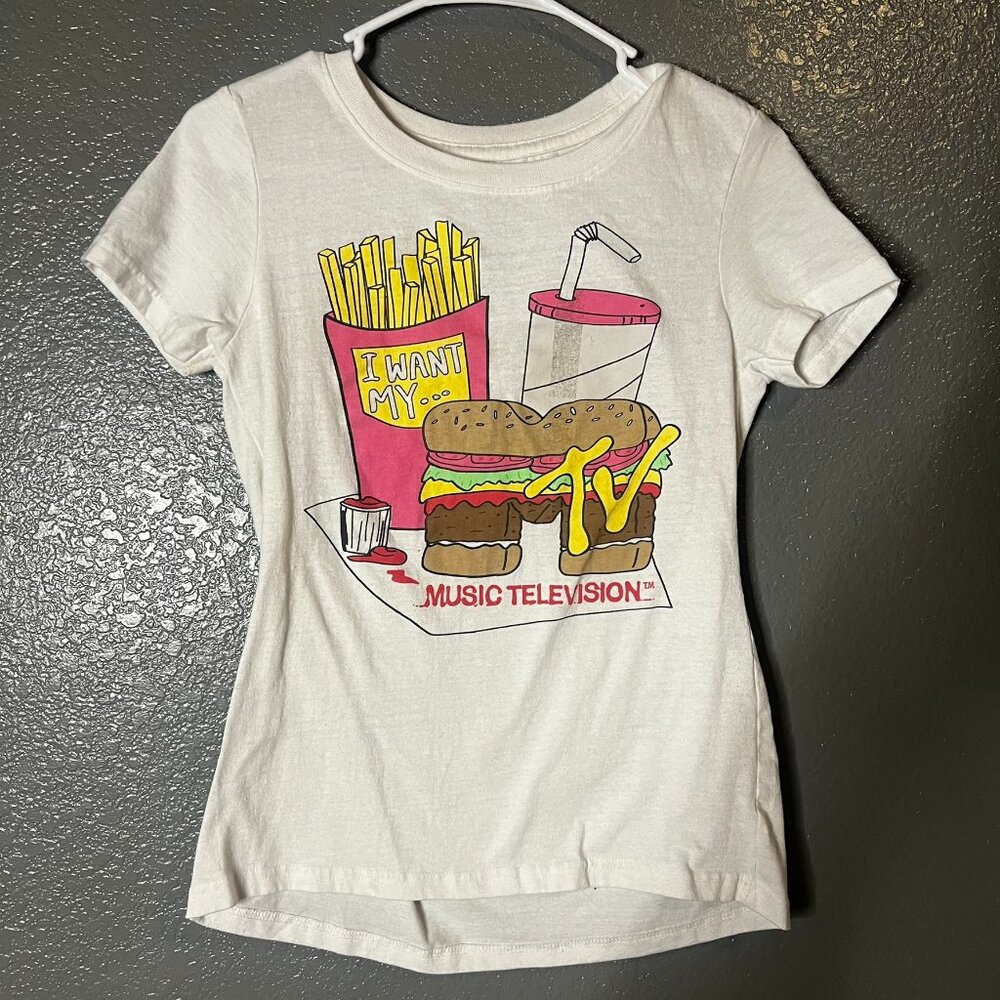 MTV Graphic Tee Fries Burger Music Television White Short